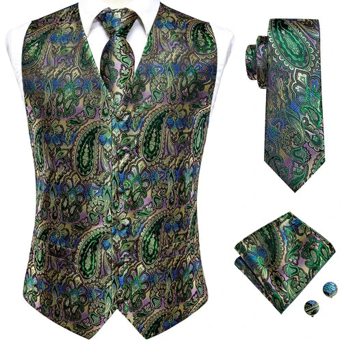 Hi-Tie Silk Mens Suit Vests 4PC Woven Floral Black Waistcoat Tie Pocket Square Cufflink Business Wedding Dress Waist Jacket