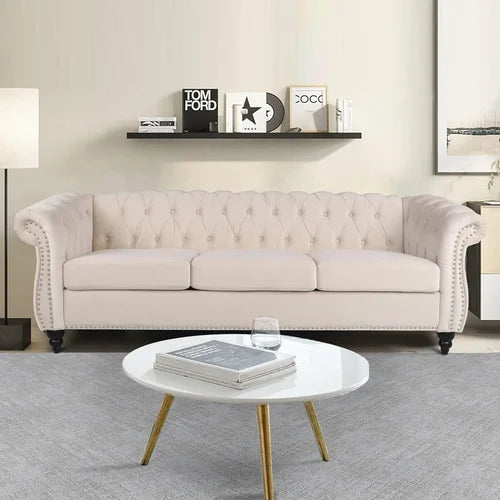 3 Seater Sofa, Mid-Century Modern Sofa Couch, 81.8" Chesterfield Velvet Upholstered Sofa with PU Armrest