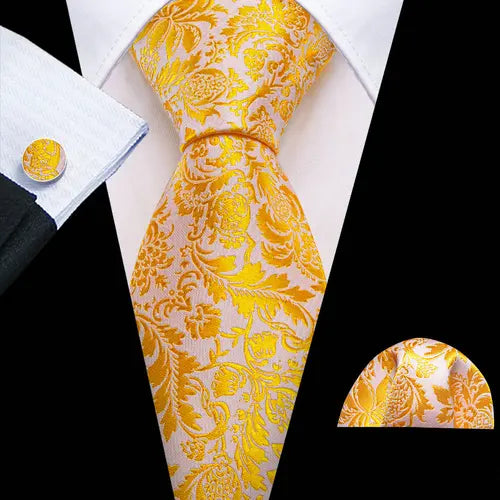 Barry.Wang Gold Beige Yellow Brown Tulip Silk Men Tie Handkerchief Cufflink Set Jacquard Necktie for Male Wedding Business Party