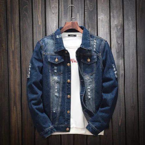 Jacket Men Blue Jeans Coat Clothing Hole Plus Size Denim Spring Autumn Young New Casual Hippie Clothes Distressed Denim Jackets