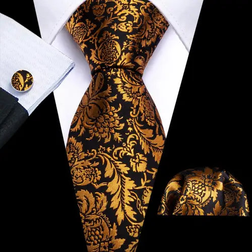 Barry.Wang Gold Silk Mens Tie Hanky Cufflinks Set Yellow Beige Orange Luxury Jacquard Necktie For Male Wedding Business Party