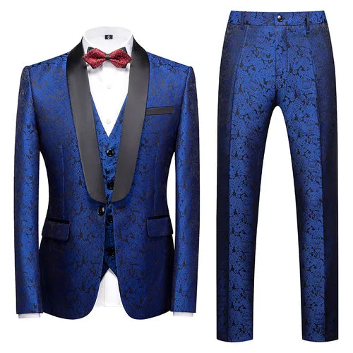 Fashion Jacquard Men Suit Sets Wedding Gala Groomsman Luxury Outfits Evening Party Host Slim Fit Blazer Vest Pants 3 Pieces