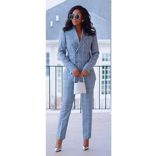 Blue Suits for Couple Plaid Pattern Double Breasted Peaked Lapel Costume Tailor Elegant Clothing Hombres 2 Piece (Jacket Pants)