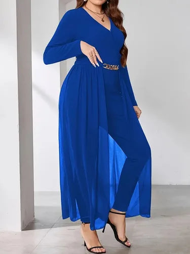 GIBSIE Plus Size Black Elegant V-neck Long Sleeve Jumpsuits Women Spring Fashion Party High Waist Slim Office Ladies Jumpsuit