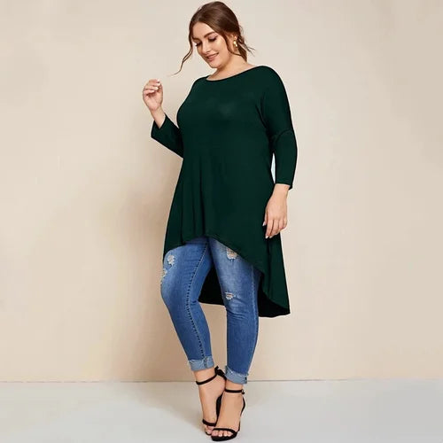 Plus Size Asymmetrical Long Tunics Women Quarters Sleeve Big Size Hi Low Elegant Fashion Top Summer Spring Casual Blouse T-shirt