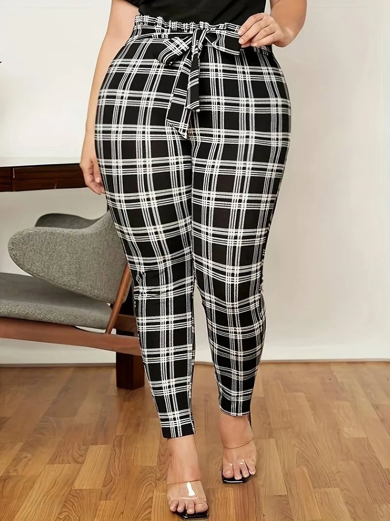 GIBSIE Plus Size Vintage Belted Plaid Pants Women Spring Summer Elegant High-waisted OL Female Casual Capris Pencil Pants - AliExpress 200000345