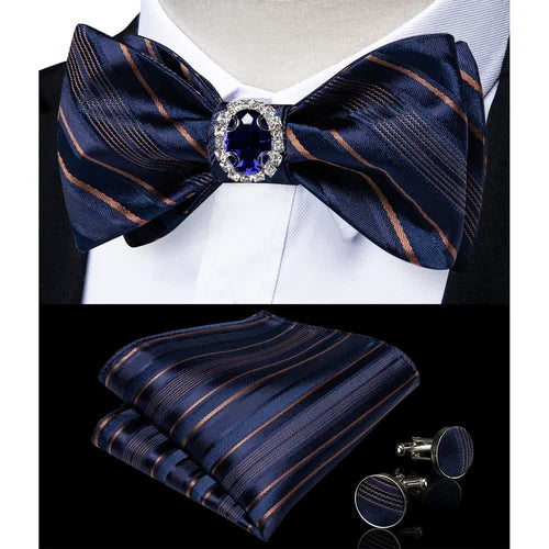 Classic Royal Blue Paisley Bowtie Handkerchief Cufflinks Ring Brooch Set for Man Tuxedo Business Party Wedding Fashion Bow Ties