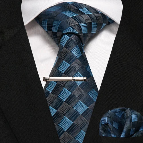 JEMYGINS New Fashion Black Plaid Men's Tie 8cm Silk Business Necktie Handkerchief Tie clips set Wedding Party Tie Gift For Men