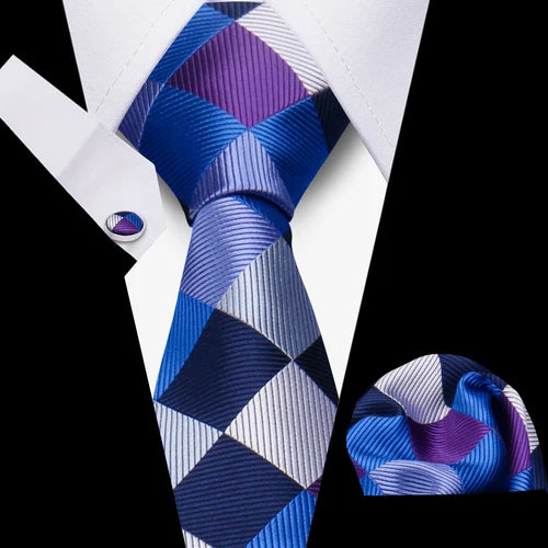 Luxurious Brand Designer Ties For Men Polyester Checkered Stripe Cufflinks Handkerchief Office Wedding Accessories Necktie Set