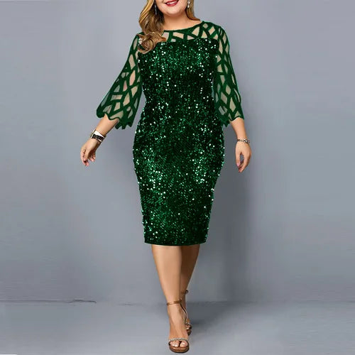 eDressU Women Sequins Lace Evening Party Dress 3/4 Sleeves Plus Size Mid-Calf Elegant Cocktail Formal Dress LYT-3187