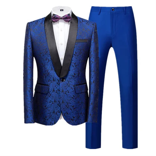 New Men Jacquard Suit 2 Piece Black / Blue / Red Fashion Male Luxury Business Wedding Prom Party Dress Blazer Jacket and Pants