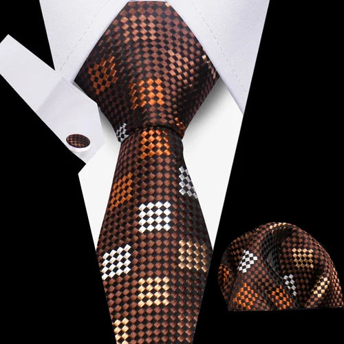 Luxurious Brand Designer Ties For Men Polyester Checkered Stripe Cufflinks Handkerchief Office Wedding Accessories Necktie Set