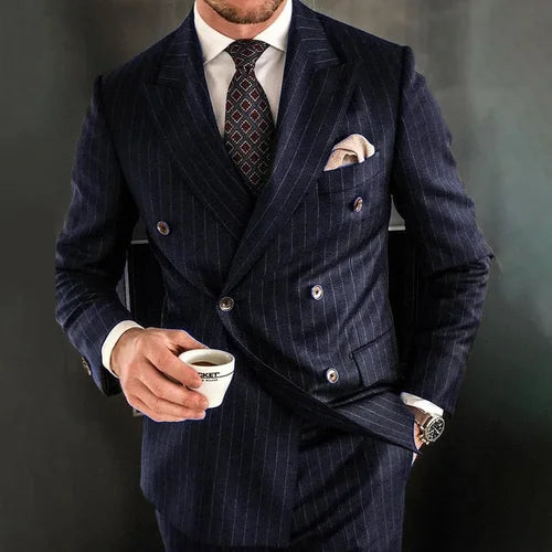 Chic Pinstripe Navy Blue Men Suits 2 Piece Set High Quality Formal Double Breasted Peak Lapel Suit Slim Fit Smart Casual Tuxedo