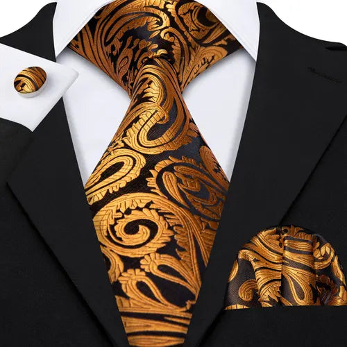 Barry.Wang Gold Silk Mens Tie Hanky Cufflinks Set Yellow Beige Orange Luxury Jacquard Necktie For Male Wedding Business Party