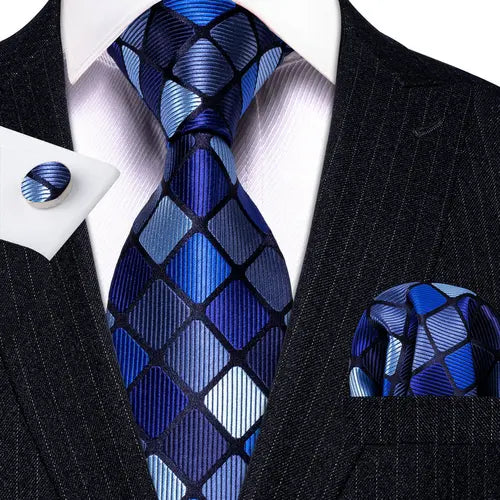 Barry.Wang Blue Silk Mens Tie Hanky Cufflinks Set Navy Royal Sky Peacock Lake Blue Necktie For Male Wedding Business Party Event