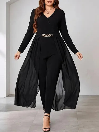 GIBSIE Plus Size Black Elegant V-neck Long Sleeve Jumpsuits Women Spring Fashion Party High Waist Slim Office Ladies Jumpsuit