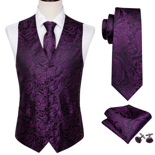 Designer Vest for Men Purple Embroidered Silk Waistcoat Tie Pocket Square Set Wedding Formal Male Suit Party Barry Wang