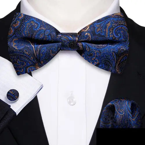 Barry.Wang Navy Royal Sky Blue Silk Mens Bow Tie Jacquard Paisley Floral Pre-Tied Bowtie Hanky Cufflinks Set Wedding Business