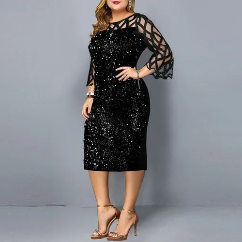 eDressU Women Sequins Lace Evening Party Dress 3/4 Sleeves Plus Size Mid-Calf Elegant Cocktail Formal Dress LYT-3187