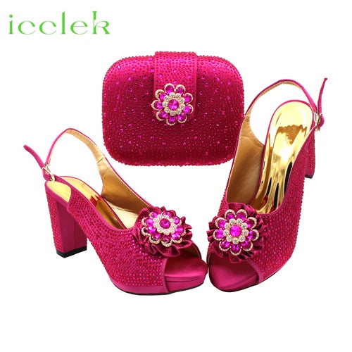 Newest Royal Blue Flower Design Elegant Design High Heel Ladies Sandal with Bag Set For Wedding Party Dress