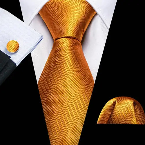 Barry.Wang Gold Silk Mens Tie Hanky Cufflinks Set Yellow Beige Orange Luxury Jacquard Necktie For Male Wedding Business Party