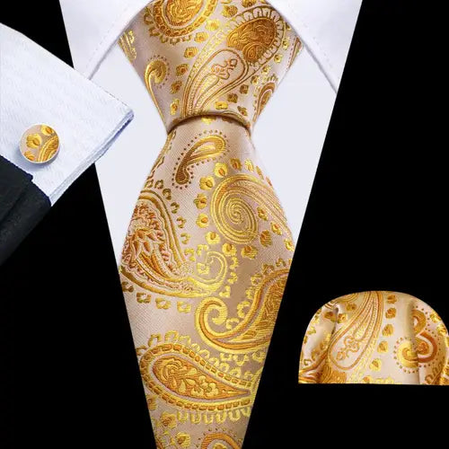 Barry.Wang Gold Silk Mens Tie Hanky Cufflinks Set Yellow Beige Orange Luxury Jacquard Necktie For Male Wedding Business Party