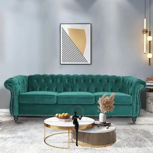 3 Seater Sofa, Mid-Century Modern Sofa Couch, 81.8" Chesterfield Velvet Upholstered Sofa with PU Armrest