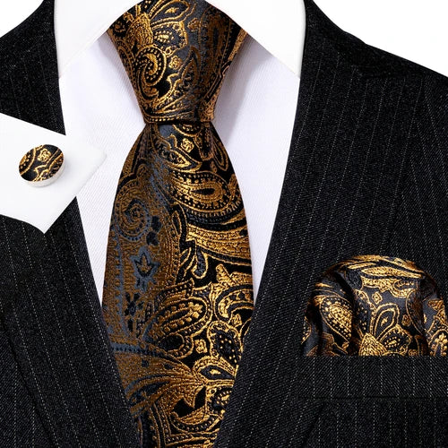 Barry.Wang Gold Silk Mens Tie Hanky Cufflinks Set Yellow Beige Orange Luxury Jacquard Necktie For Male Wedding Business Party