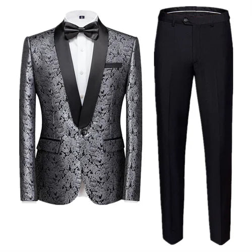 New Men Jacquard Suit 2 Piece Black / Blue / Red Fashion Male Luxury Business Wedding Prom Party Dress Blazer Jacket and Pants