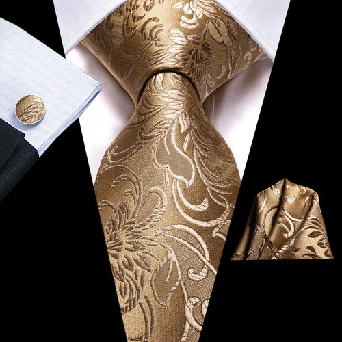 Barry.Wang Gold Silk Mens Tie Hanky Cufflinks Set Yellow Beige Orange Luxury Jacquard Necktie For Male Wedding Business Party