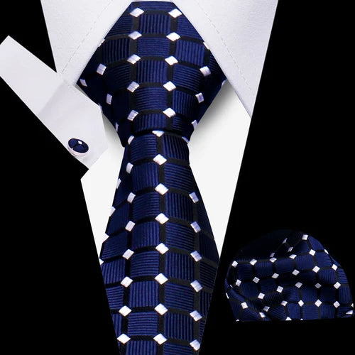 Luxurious Brand Designer Ties For Men Polyester Checkered Stripe Cufflinks Handkerchief Office Wedding Accessories Necktie Set