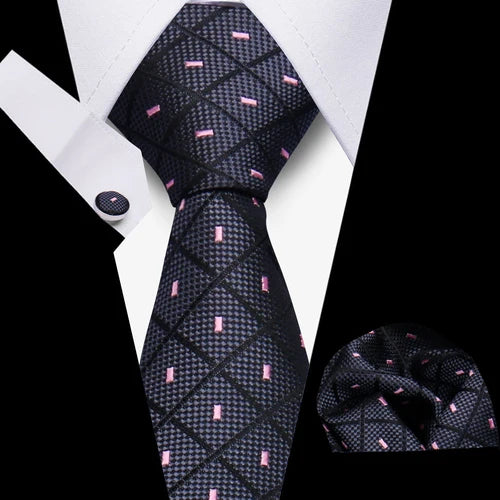 Luxurious Brand Designer Ties For Men Polyester Checkered Stripe Cufflinks Handkerchief Office Wedding Accessories Necktie Set