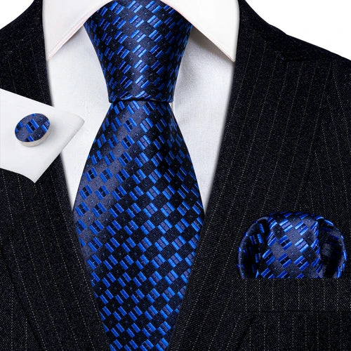 Barry.Wang Blue Silk Mens Tie Hanky Cufflinks Set Navy Royal Sky Peacock Lake Blue Necktie For Male Wedding Business Party Event