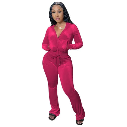 Women Autumn Two Piece Outfits 2 Piece Velour Tracksuit Velvet Sweatsuits Zip Up Hooded Jacket Bodycon Flared Pants Jogger Sets