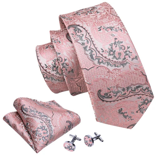 Barry.Wang Floral Silk Men Tie Hankerchief Cufflinks Set Pink Green Purple Red Gold Novelty Spray Necktie for Male Wedding Party