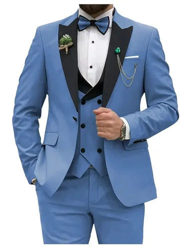 Royal blue Men Suits Slim Fit 3 Piece Double Breasted Suit Men Wedding Prom Party Business(Blazer Vest Pants)