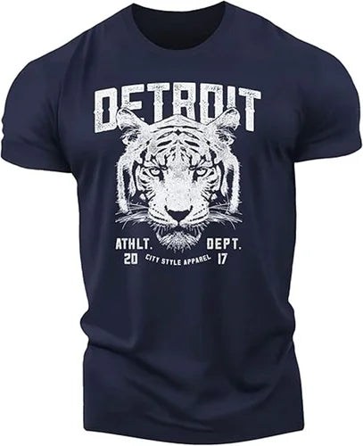 Men's Fitness T-shirt Street Retro Muscle Men Detroit Lion Animal Print T-shirt Gym Outdoor Sports  Short Sleeve T-shirt