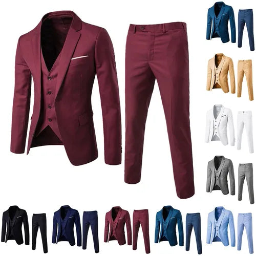 Elegant Blazers Suit For Men Clothing 3 Pieces Sets Jacket Vest And Pants Slim Business Suits Party Wedding Formal Casual Suit