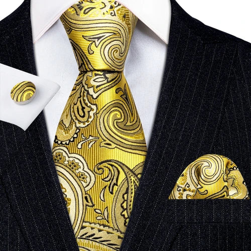 Barry.Wang Gold Silk Mens Tie Hanky Cufflinks Set Yellow Beige Orange Luxury Jacquard Necktie For Male Wedding Business Party