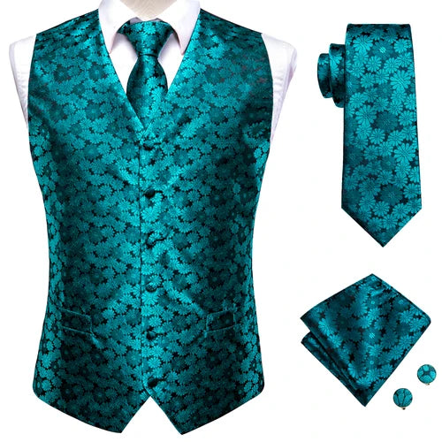 Hi-Tie Silk Mens Suit Vests 4PC Woven Floral Black Waistcoat Tie Pocket Square Cufflink Business Wedding Dress Waist Jacket