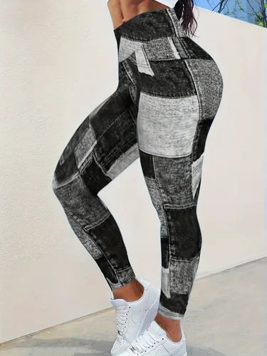 Women's 1XL-5XL  Plus-size Fashion Printed Leggings Spliced Plaid Slim Exercise Yoga Pants High-waisted Leggings