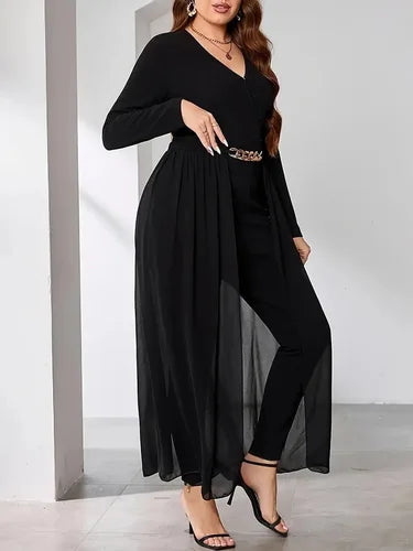 GIBSIE Plus Size Black Elegant V-neck Long Sleeve Jumpsuits Women Spring Fashion Party High Waist Slim Office Ladies Jumpsuit