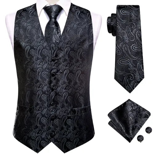 Hi-Tie Silk Mens Suit Vests 4PC Woven Floral Black Waistcoat Tie Pocket Square Cufflink Business Wedding Dress Waist Jacket