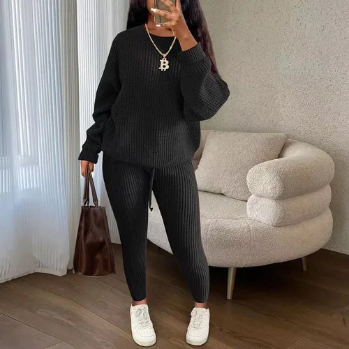 2024 Winter Two Piece Sets Women Clothing Autumn Fashion Casual Solid Round Neck Pullover Loose Pit Knitted Sweater Pants Suits