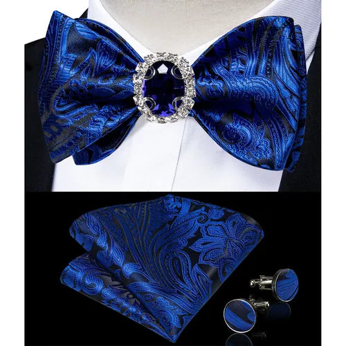 Classic Royal Blue Paisley Bowtie Handkerchief Cufflinks Ring Brooch Set for Man Tuxedo Business Party Wedding Fashion Bow Ties