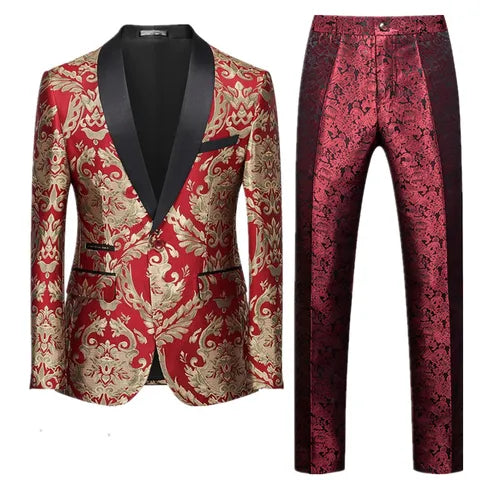 New Men Jacquard Suit 2 Piece Black / Blue / Red Fashion Male Luxury Business Wedding Prom Party Dress Blazer Jacket and Pants