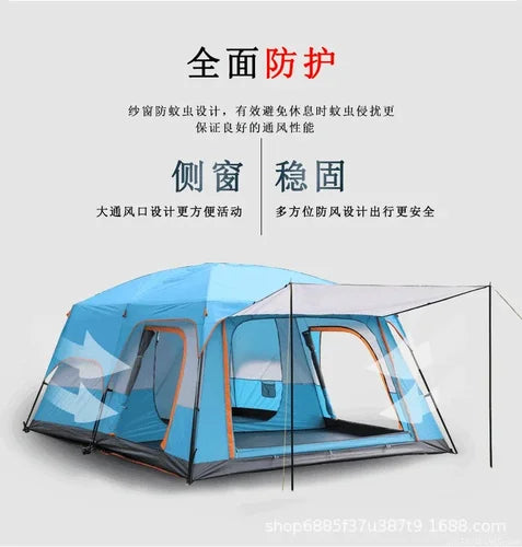 2 Bedroom 1 Hall Camping Tent 5-8 Person Double Layers Oversize Thickened Rainproof Tent Outdoor Family Camp Tour Equipment