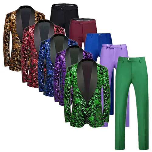 ( Jacket   Pant ) Fashion Men Luxurious Sequin Suit Green / Blue / Golden Male Wedding Dance Party Stage Performance Dress Sets