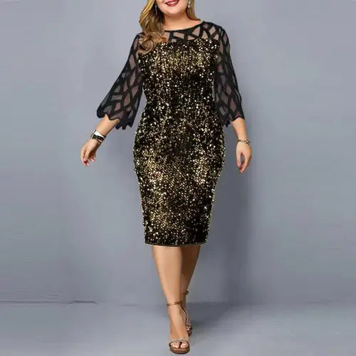 eDressU Women Sequins Lace Evening Party Dress 3/4 Sleeves Plus Size Mid-Calf Elegant Cocktail Formal Dress LYT-3187