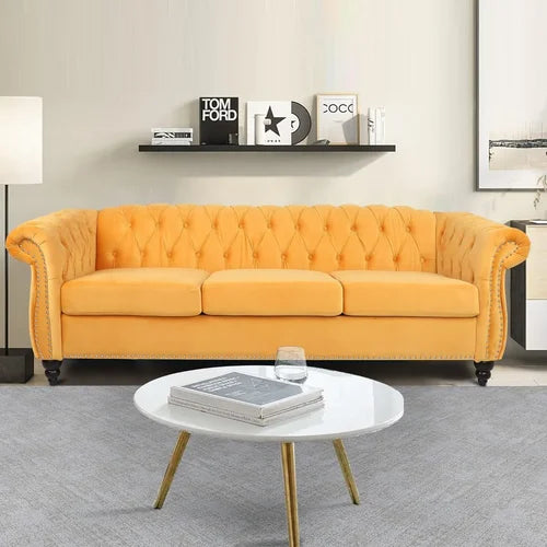 3 Seater Sofa, Mid-Century Modern Sofa Couch, 81.8" Chesterfield Velvet Upholstered Sofa with PU Armrest